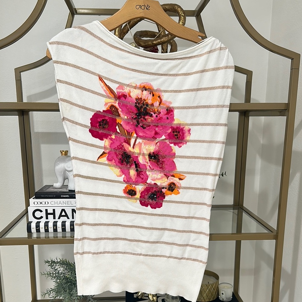 Cache Pink Floral Blouse with Cream Stripes